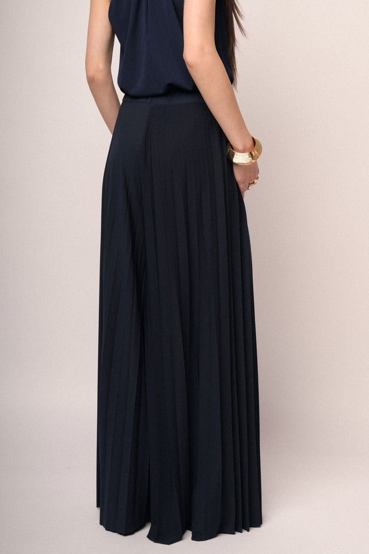 Pantaloni palazzo in tessuto plissé blu