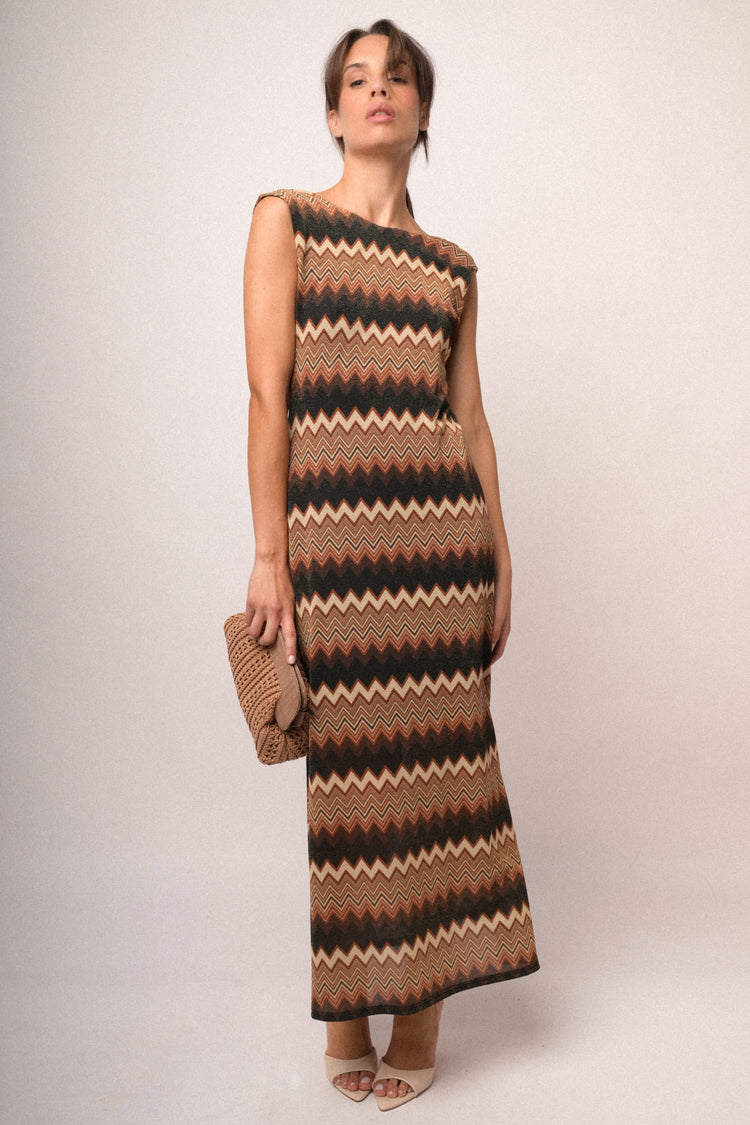 Abito lungo in maglia lurex zig-zag multicolor