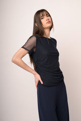 T-shirt a doppio strato in tulle blu scuro