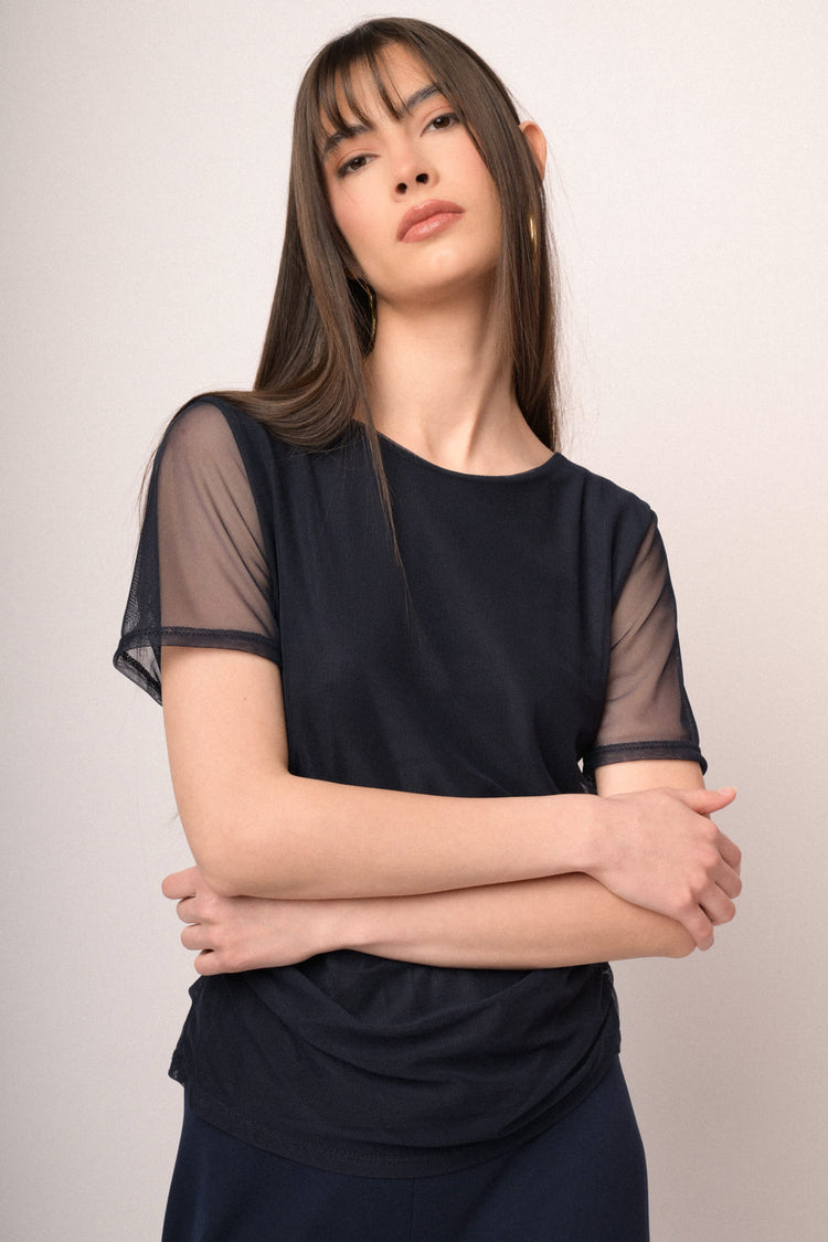 T-shirt a doppio strato in tulle blu scuro
