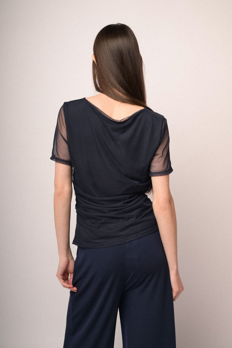 T-shirt a doppio strato in tulle blu scuro