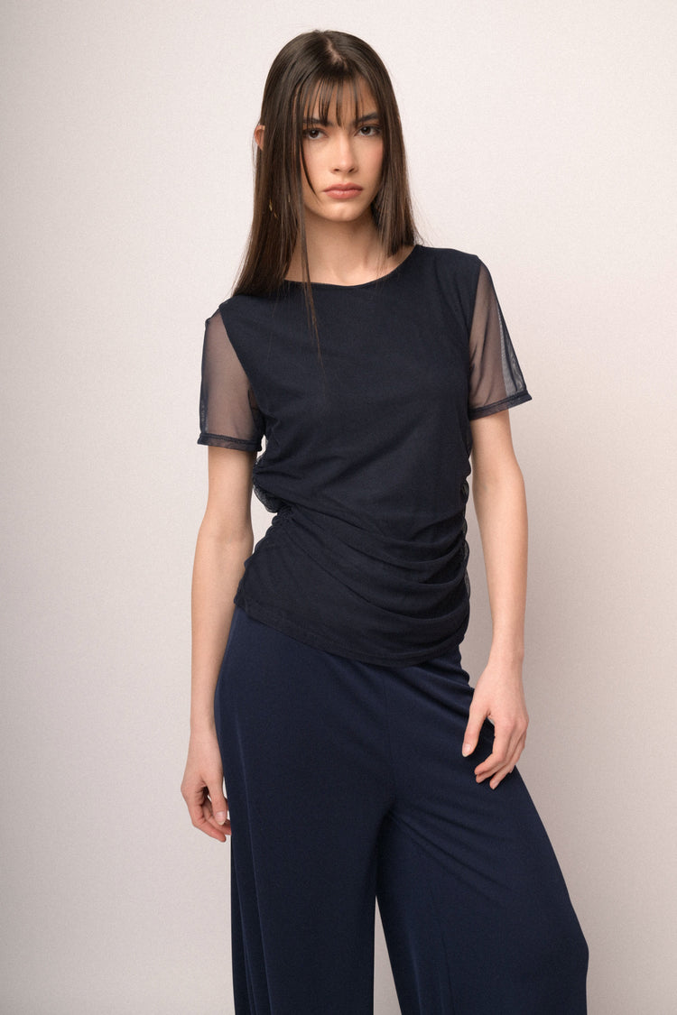 T-shirt a doppio strato in tulle blu scuro