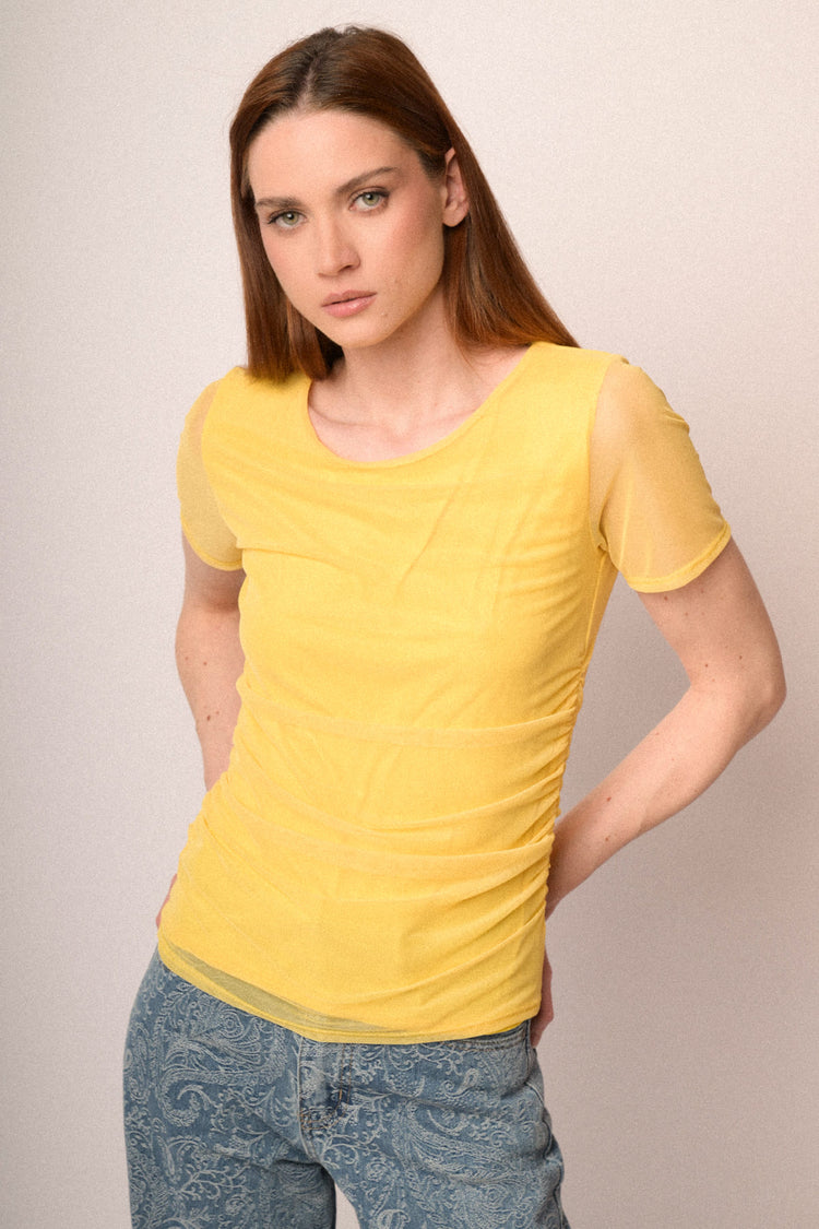 T-shirt a doppio strato in tulle giallo