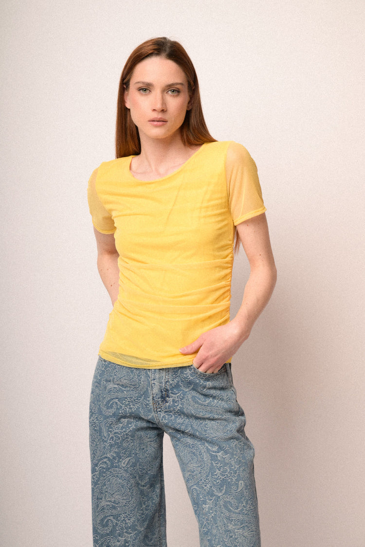 T-shirt a doppio strato in tulle giallo
