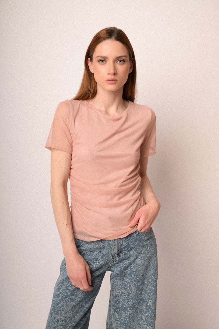 T-shirt in tulle drappeggiato rosa