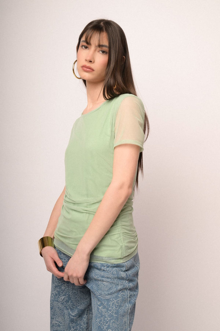 T-shirt a doppio strato in tulle verde mela