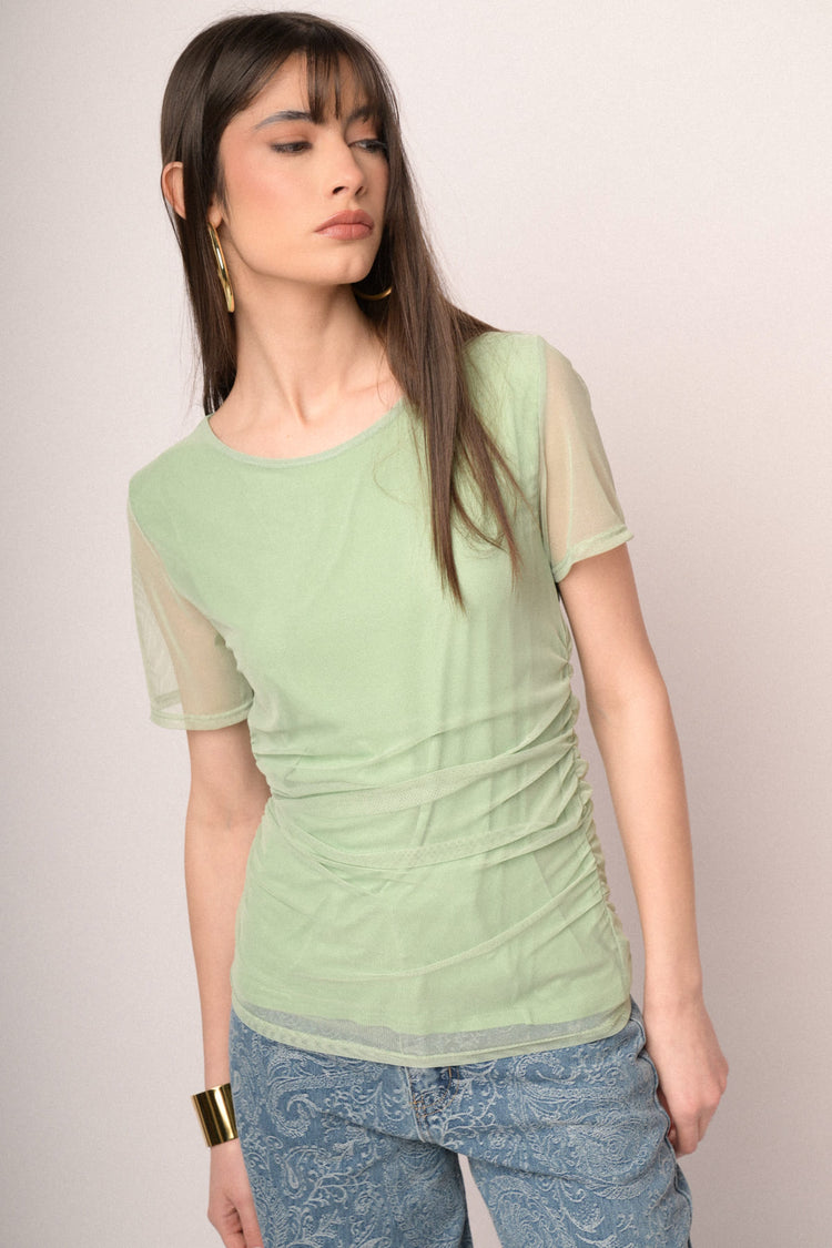 T-shirt a doppio strato in tulle verde mela