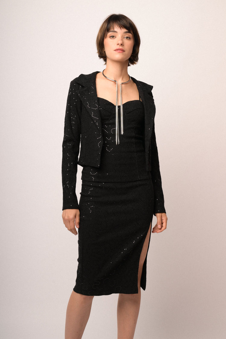 Blazer in jacquard nero con paillettes
