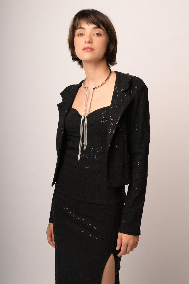 Blazer in jacquard nero con paillettes