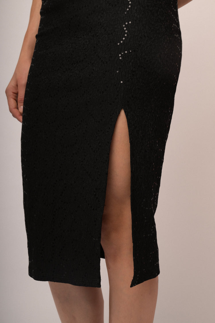 Gonna a tubino in jacquard nero con paillettes