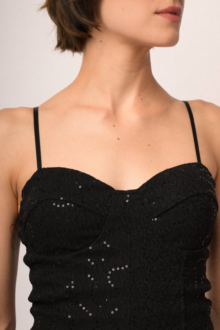 Top bustier in jacquard nero con paillettes