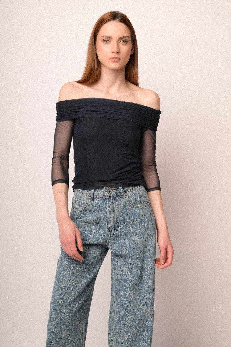 Top a doppio strato in tulle blu