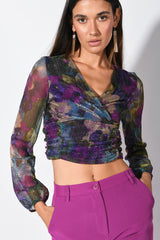 Top crop in plissé lurex a stampa