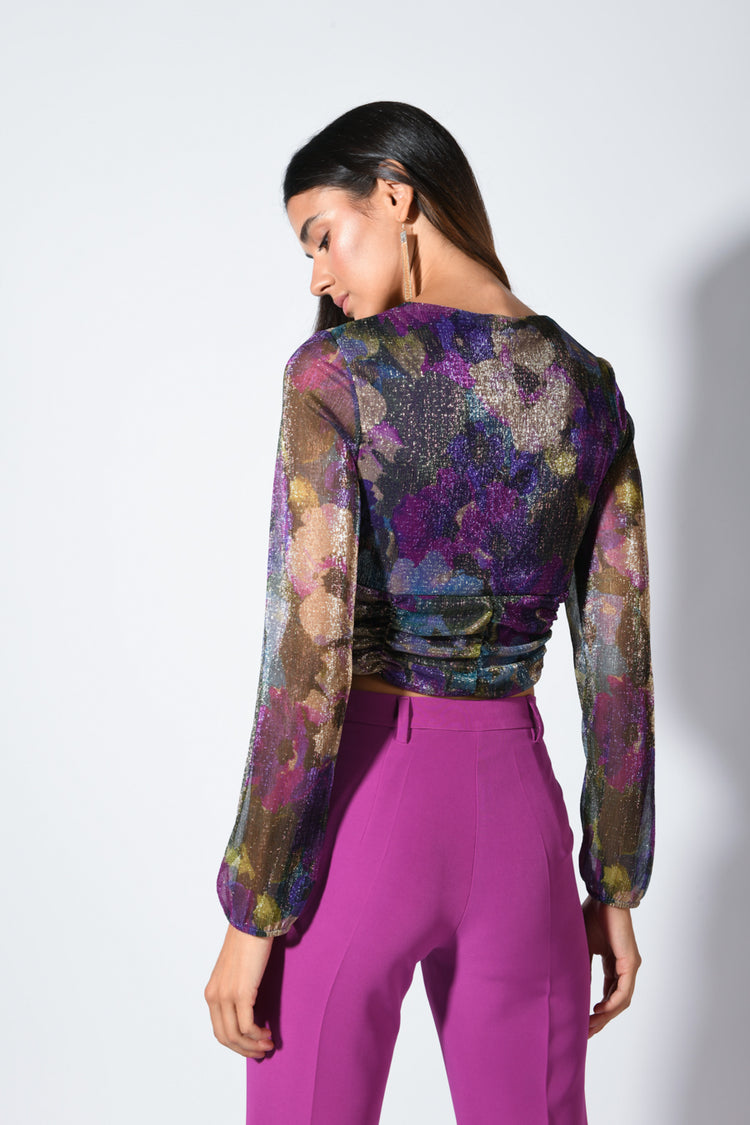 Top crop in plissé lurex a stampa