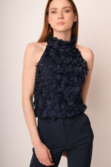 Top halter con rose 3D blu