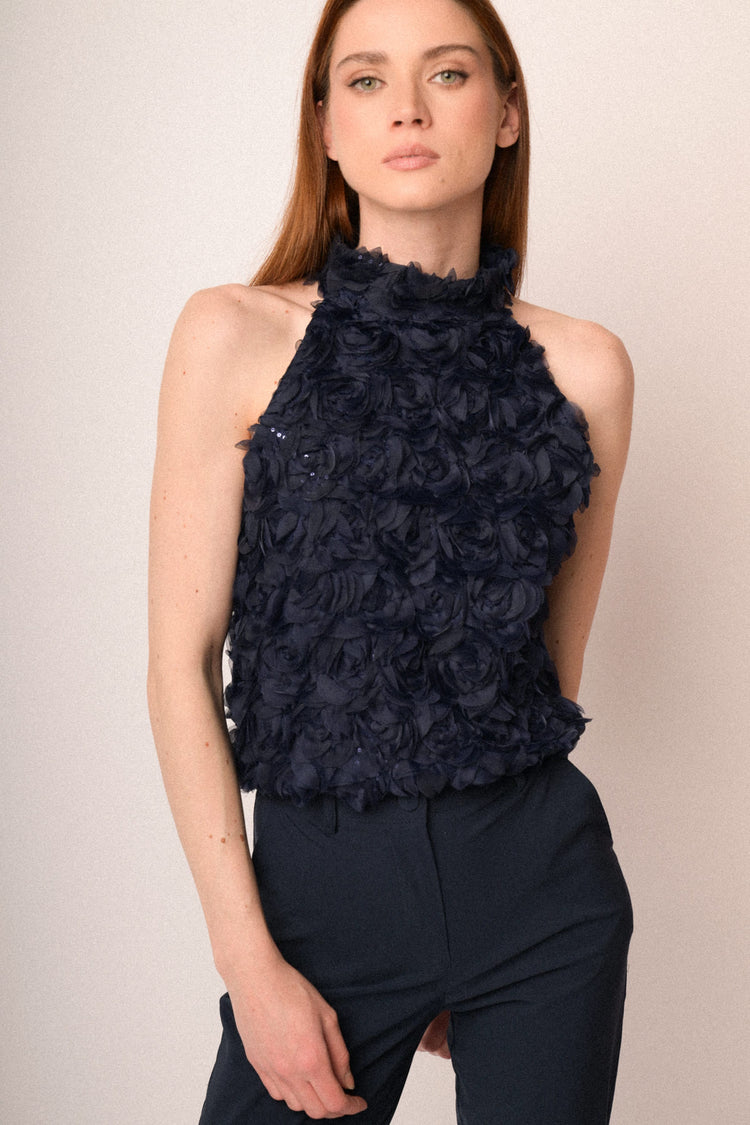 Top halter con rose 3D blu
