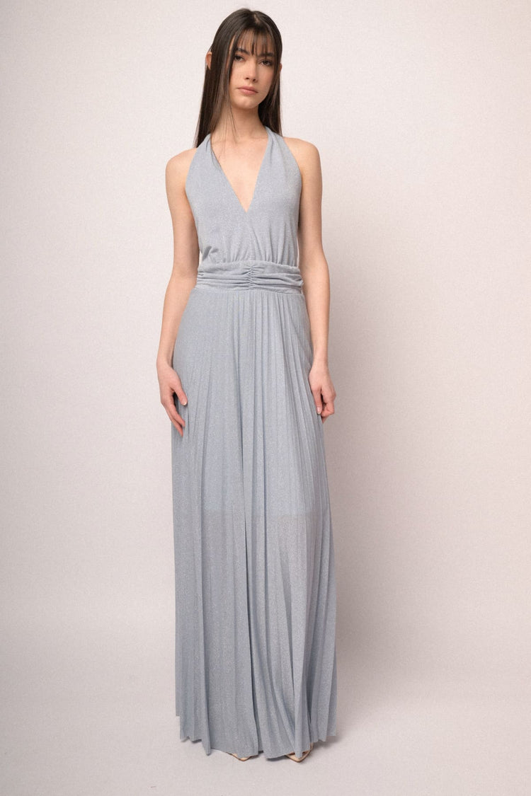 Abito lungo in maglia plissé lurex celeste