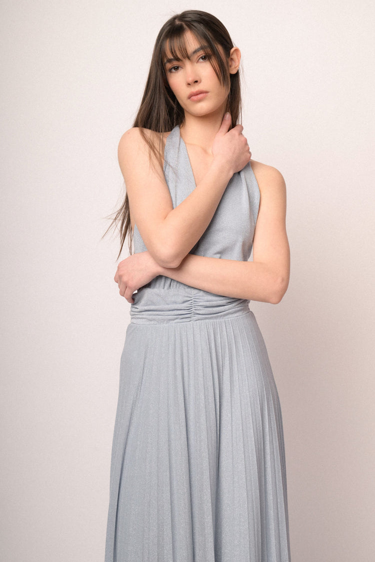 Abito lungo in maglia plissé lurex celeste