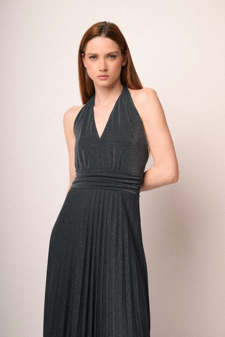 Abito lungo in maglia plissé lurex blu notte