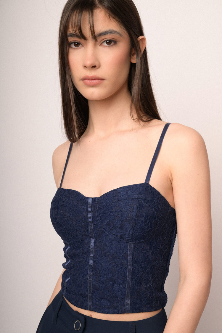 Top a bustier in pizzo blu