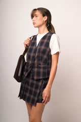 Skort a pieghe con stampa check blu/multicolor