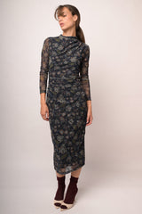 Abito midi in tulle a stampa etnico-floreale blu