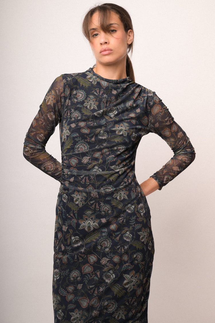 Abito midi in tulle a stampa etnico-floreale blu