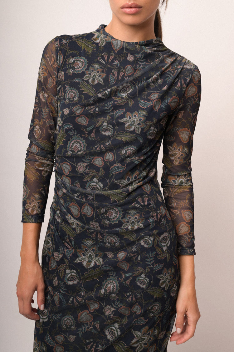 Abito midi in tulle a stampa etnico-floreale blu