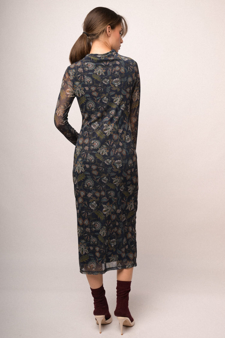 Abito midi in tulle a stampa etnico-floreale blu