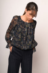 Blusa in georgette a stampa etnico-floreale blu/multicolor