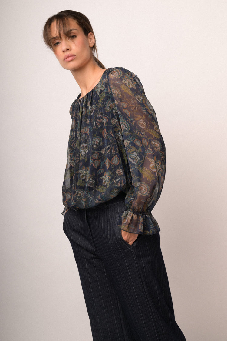 Blusa in georgette a stampa etnico-floreale blu/multicolor