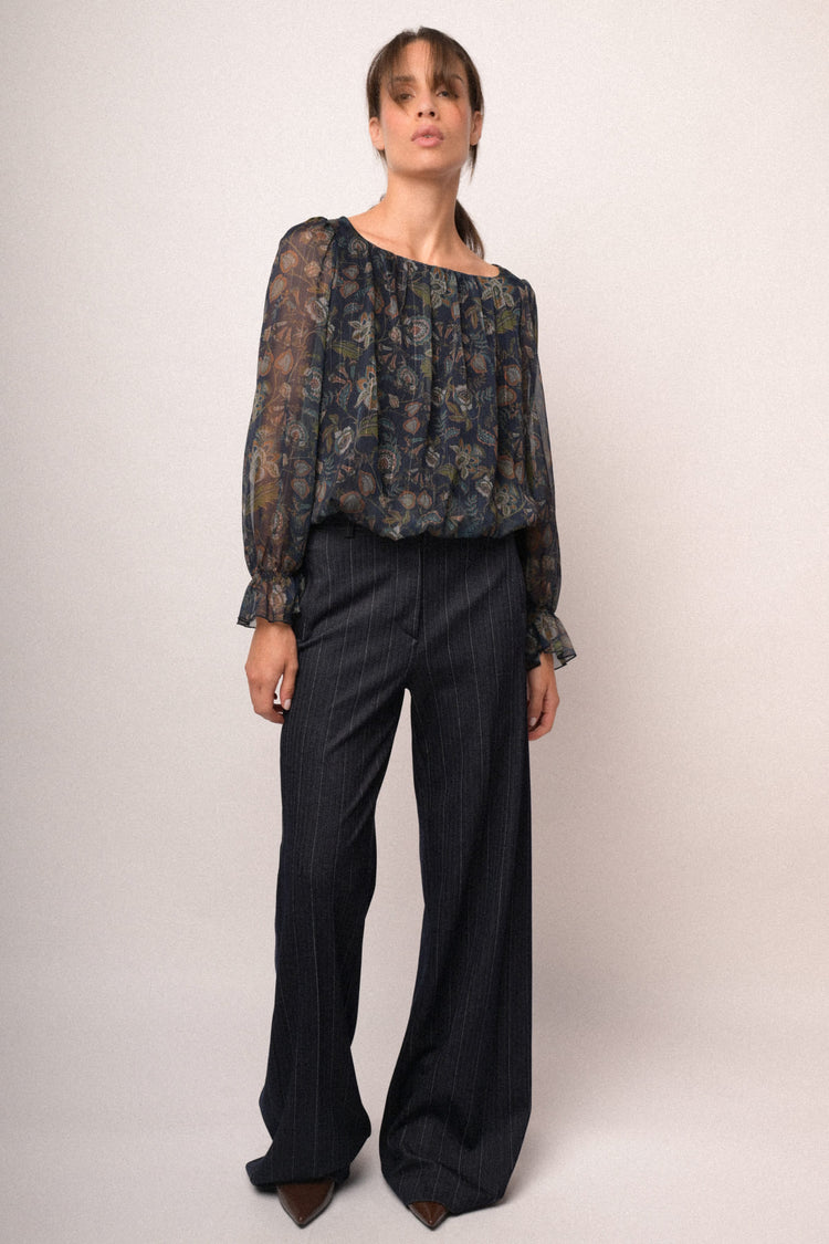 Blusa in georgette a stampa etnico-floreale blu/multicolor
