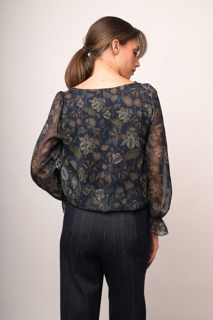 Blusa in georgette a stampa etnico-floreale blu/multicolor