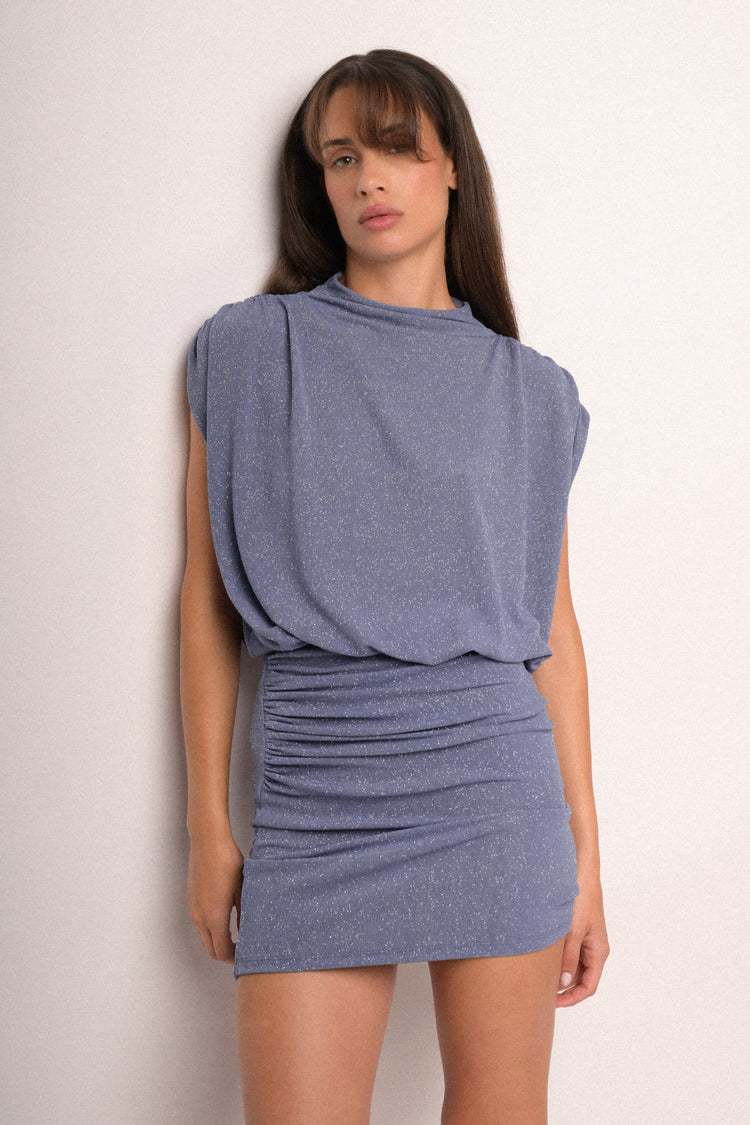 Mini abito in jersey azzurro glitter arricciato