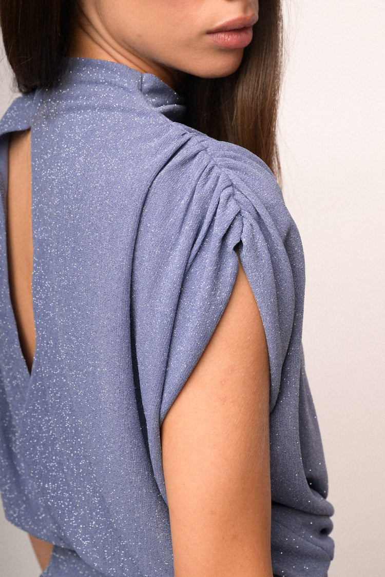 Mini abito in jersey azzurro glitter arricciato