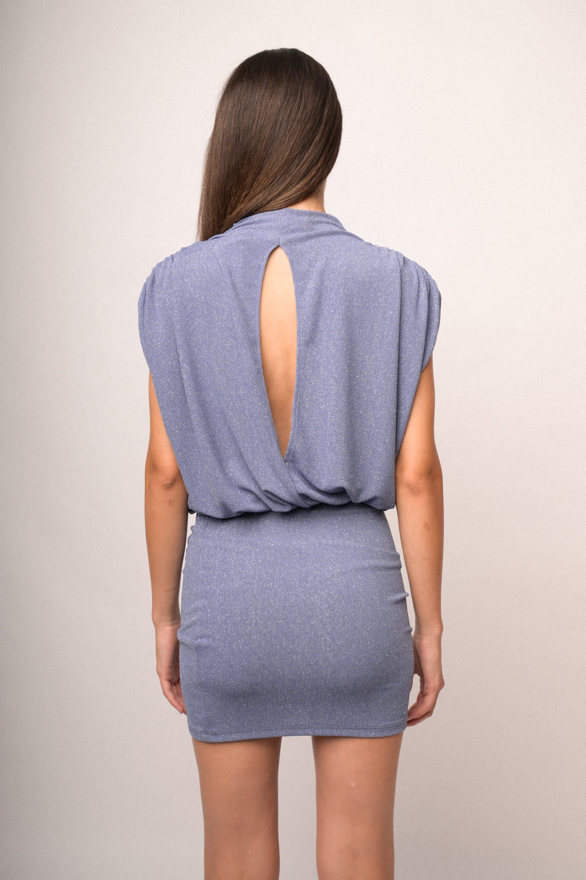 Mini abito in jersey azzurro glitter arricciato