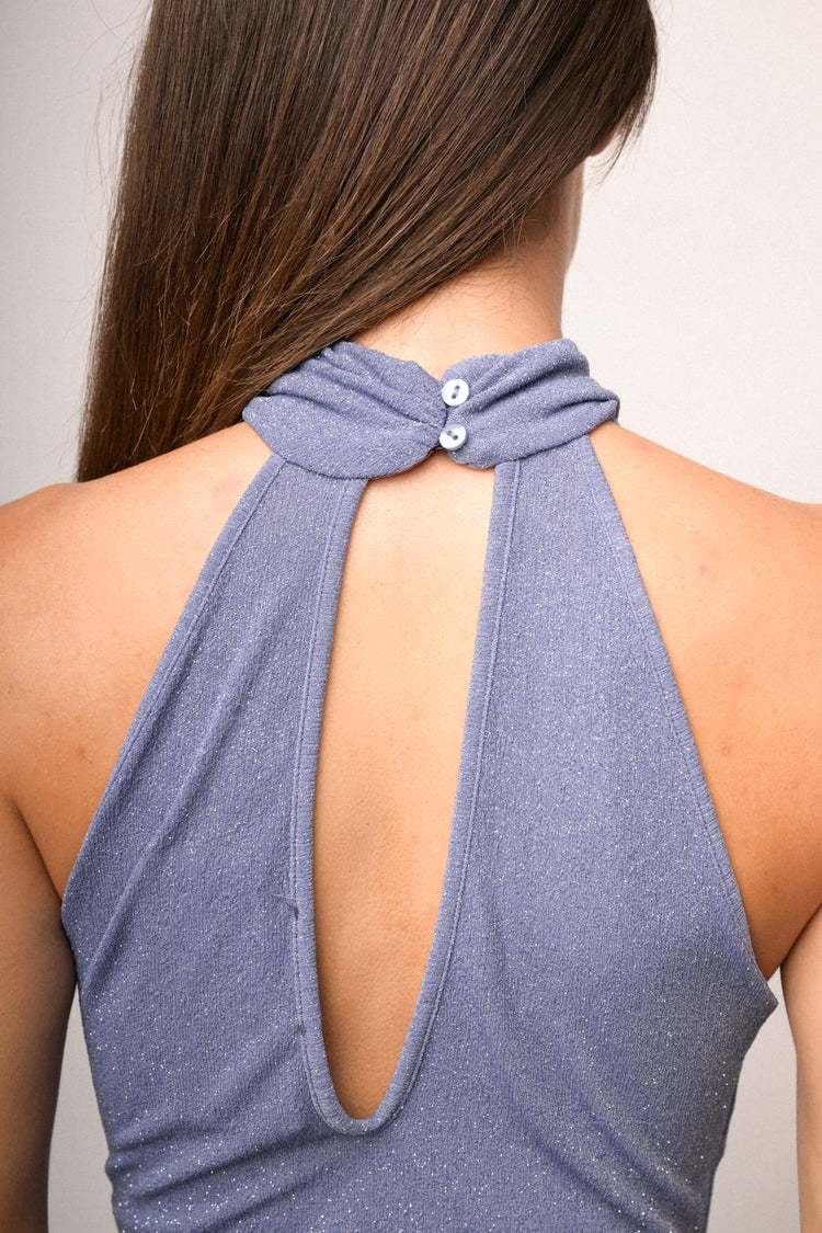Body halter-neck in jersey glitter azzurro