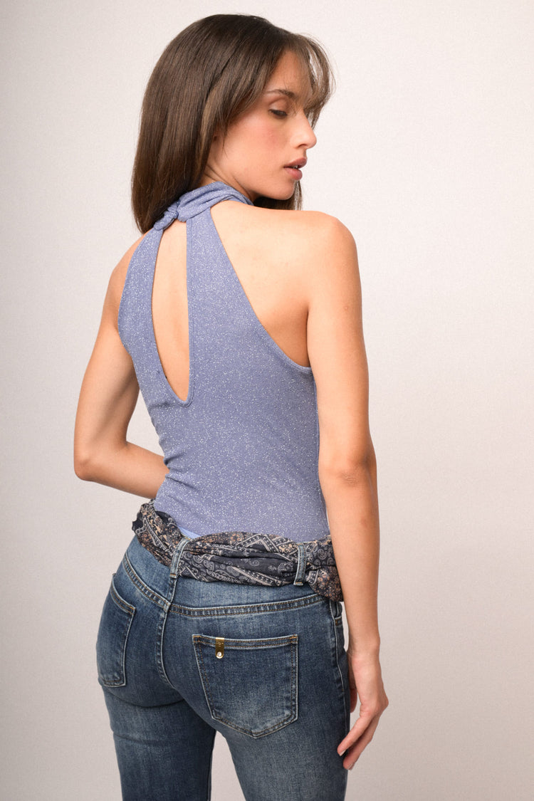 Body halter-neck in jersey glitter azzurro