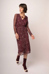 Abito midi in tulle bordeaux a stampa floreale