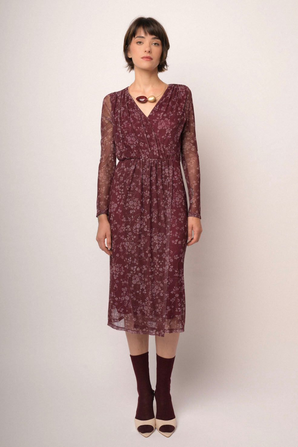 Abito midi in tulle bordeaux a stampa floreale