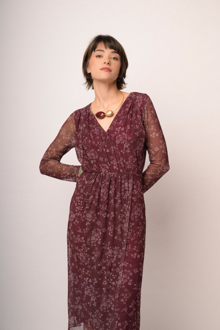 Abito midi in tulle bordeaux a stampa floreale