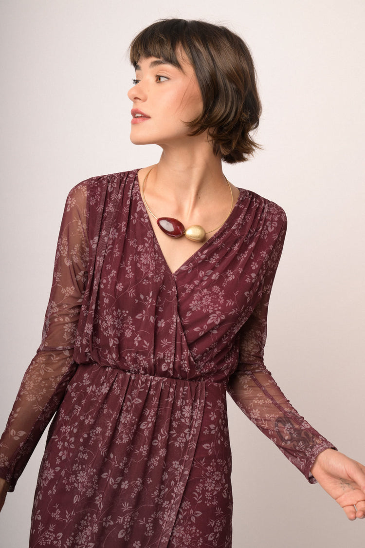 Abito midi in tulle bordeaux a stampa floreale