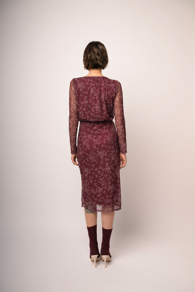Abito midi in tulle bordeaux a stampa floreale