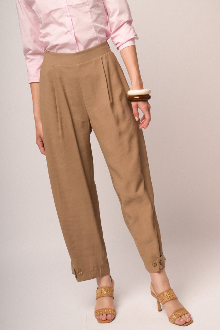 Pantaloni culotte misto viscosa cammello con bottoni allorlo
