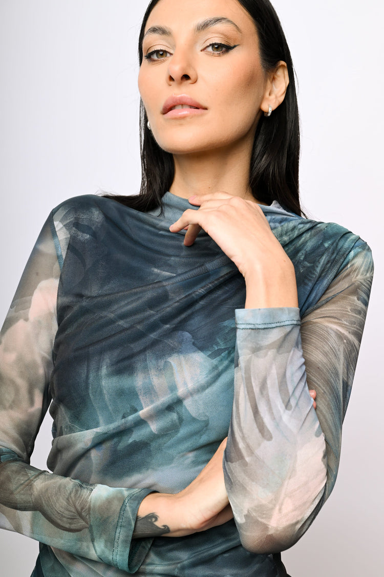 Top in tulle a stampa astratta