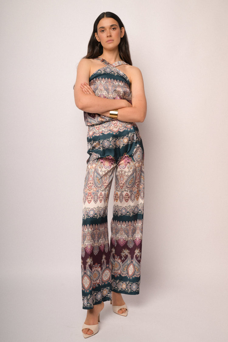 Pantaloni palazzo morbidi con stampa paisley multicolor