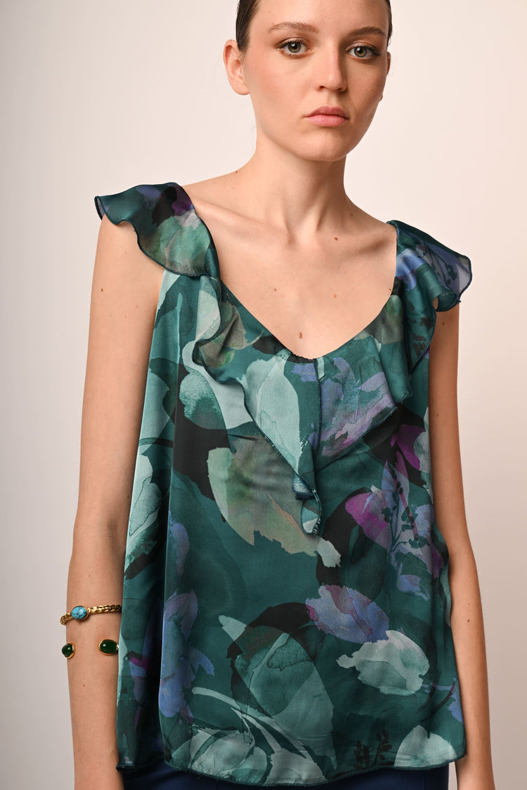 Top a stampa floreale con volants