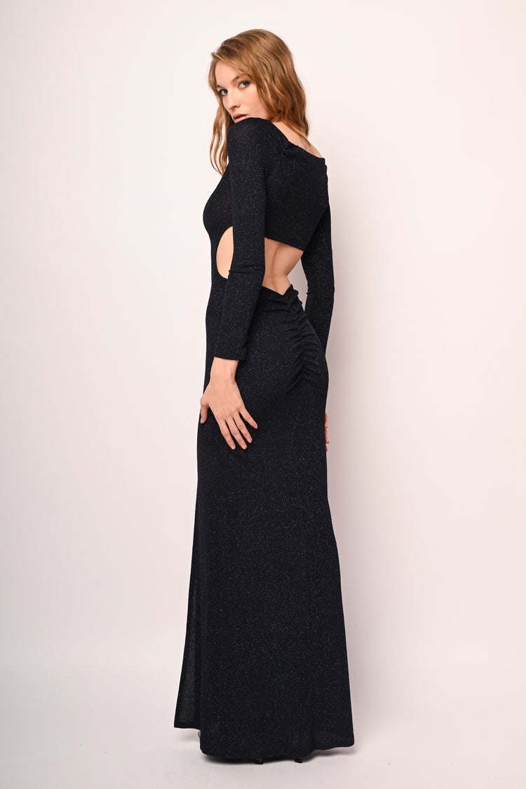 Abito lungo con glitter e cut-out