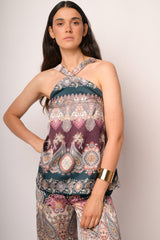 Top in raso a stampa etnica multicolor