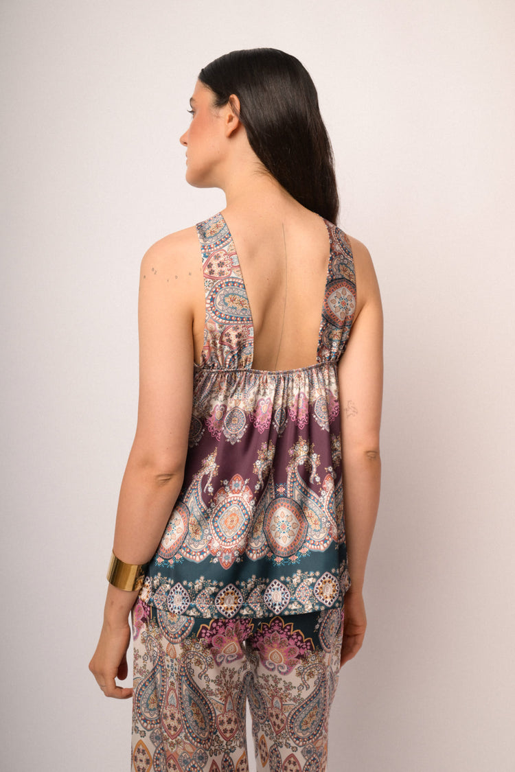 Top in raso a stampa etnica multicolor
